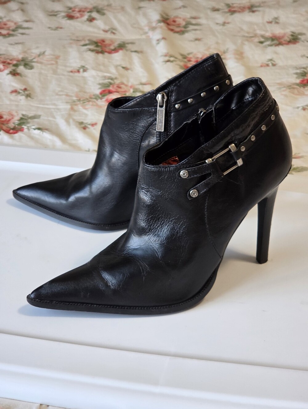 Harley-Davidson Black Leather Stiletto Pointed Toe Ankle Boots Sz 9 Biker Chic